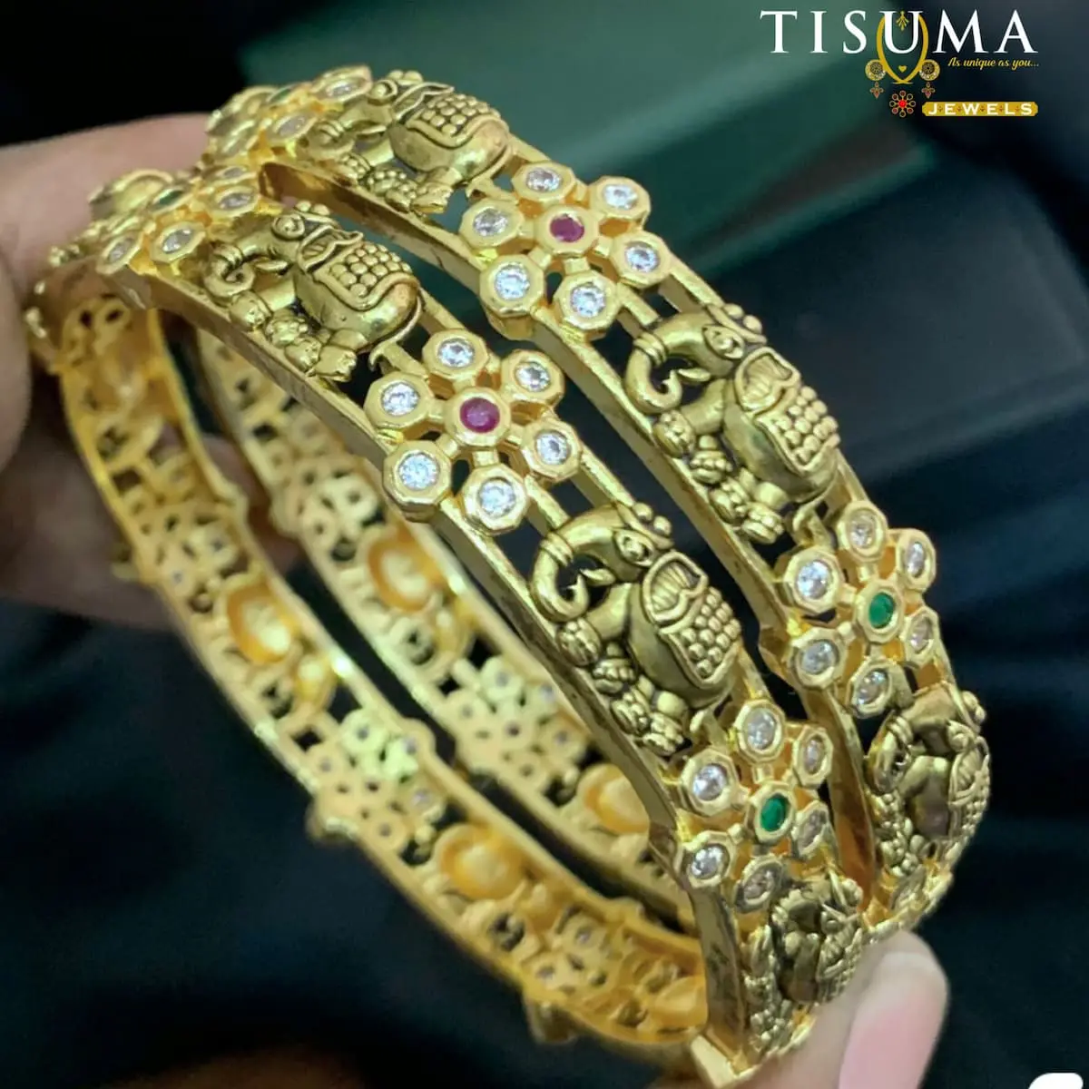 Antique Elephant Floral AD Bangles